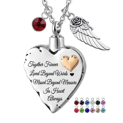 Stainless Steel Heart Memorial Cremation Urn Necklace For Ashes With Rhinestone Birthstone Angel Wing Pendant Family Jewelry