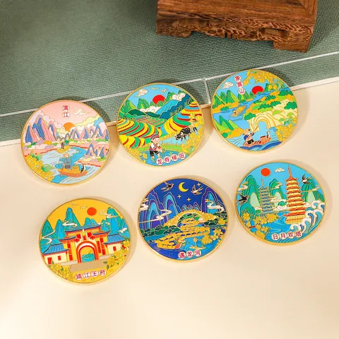 Guilin City Landmark Metal Commemorative Coin Enamel Souvenir Medal Xiangbi Mountain Lijiang River Dragon Backbone Rice Terraces Travel Souvenir Creative Desktop Decor Gift