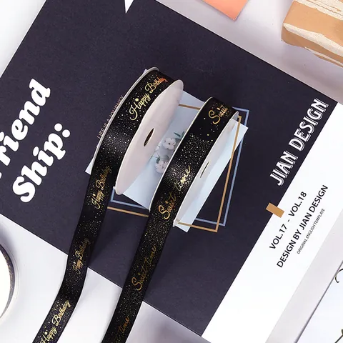 Black Gold Bronzing Happy Birthday Satin Ribbon Polyester Decorative Ribbon For Gift Wrapping Cake Flower Party Decor