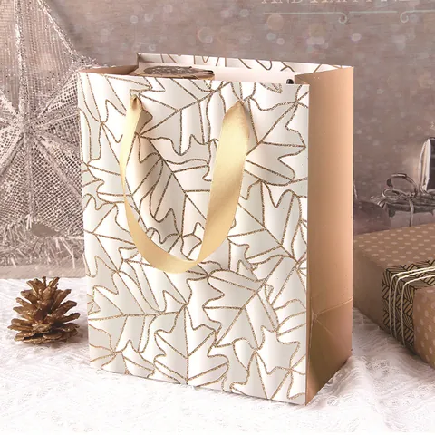 Luxus Weißer Karton Geschenktüten Mit Gold Glitzer Pflanzenblatt Muster Satinband Griff Elegante Papier Einkaufstaschen Für Party Hochzeit