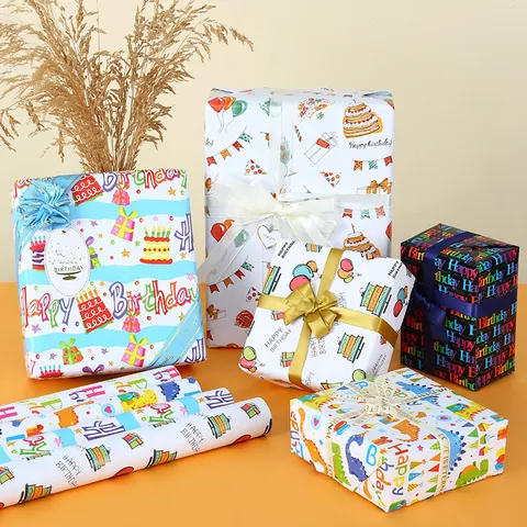 Happy Birthday Wrapping Paper Cartoon Dinosaur Cake Pattern Double Sided Coated Paper Gift Wrap For Party Kids Holiday Present Packaging