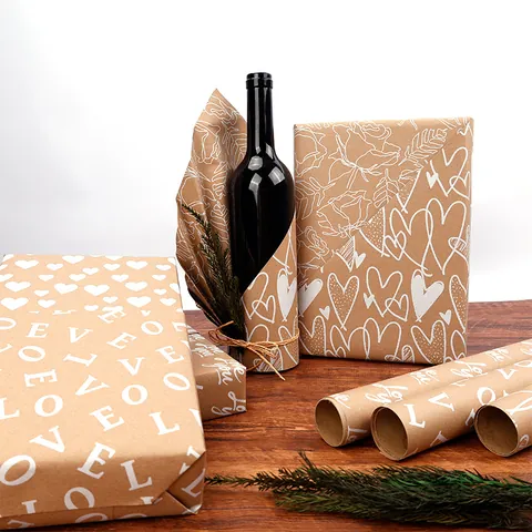 Valentine Day Kraft Wrapping Paper Hearts Rose Floral Double Sided UV Printed Gift Wrap Roll for Wedding Birthday Romantic Party