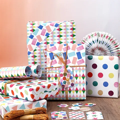 Double Sided Coated Paper Gift Wrapping Paper Colorful Geometric Polka Dot Triangle Star Pattern For Valentine Day Birthday DIY Gift Wrap