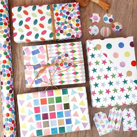 Double Sided Coated Paper Gift Wrapping Paper Colorful Geometric Polka Dot Triangle Star Pattern For Valentine Day Birthday DIY Gift Wrap