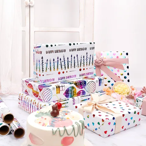 Buntes Bronzierendes Happy Birthday Geschenkpapier Rolle Für Partydekorationen Regenbogen Kunstpapier Mit Kerzen Ballons Muster