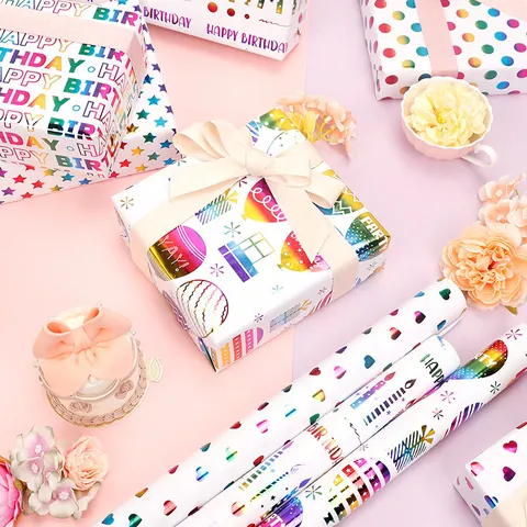 Regenbogen Bronzieren Geburtstag Geschenkpapier Farbiges Beschichtetes Papier Rolle Mit Ballon Kerze Stern Muster Für Party Feier