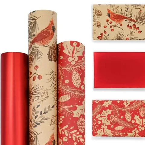 Vintage Christmas Kraft Gift Wrapping Paper Large Roll Cardinal Pine Cone Pattern Red Kraft Paper For Festive Holiday Gift Packaging