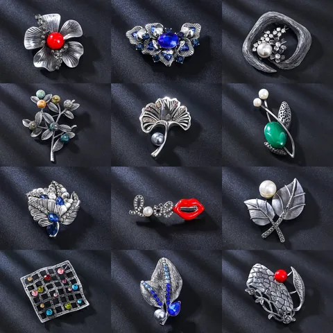 Retro Alloy Rhinestone Flower Brooch For Men Women Antique Silver Artificial Pearl Pin For Suit Dress Wedding Banquet Jewelry