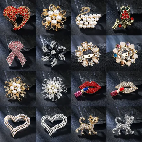 Fashion Alloy Rhinestone Flower Animal Brooch For Women Luxury Heart Swan Cat Owl Pin Wedding Party Dress Accessories