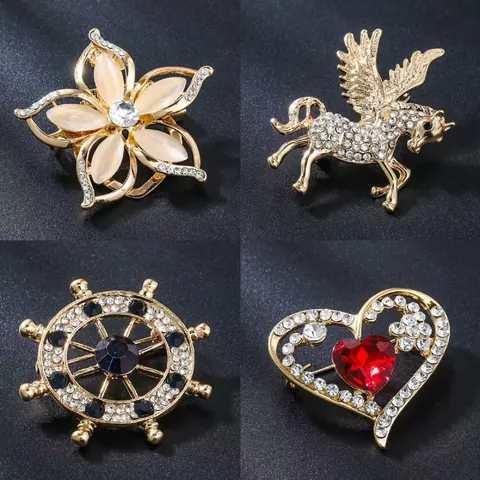 Vintage Alloy Rhinestone Unicorn Flower Heart Ship Rudder Brooches Creative Clothing Accessories Gold Pin Jewelry For Women
