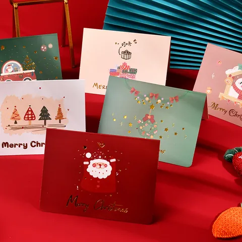 Merry Christmas Greeting Cards Gold Hot Stamping Retro Ins Style Postcards Santa Snowman Tree For Holiday Message Writing