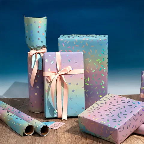 Holographisches Laser Geschenkpapier Regenbogen Farbverlauf Aluminiertes Papier Stern Punktmuster Happy Birthday Metallisches Geschenkpapier