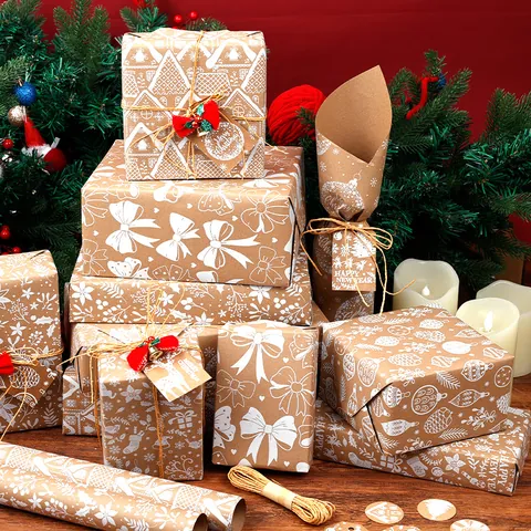 Weihnachten Retro Kraftpapier Rolle Weißer Druck Schneeflocke Rentier Muster Für DIY Geschenkverpackung Festliche Dekoration Zubehör