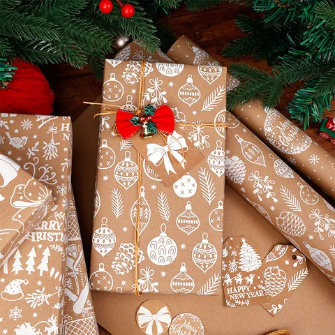 Vintage Weihnachten Kraftpapier Geschenkpapier Retro Weiße Schneeflocke Rentier Muster Feiertag Dekorative Verpackung Für Geschenke