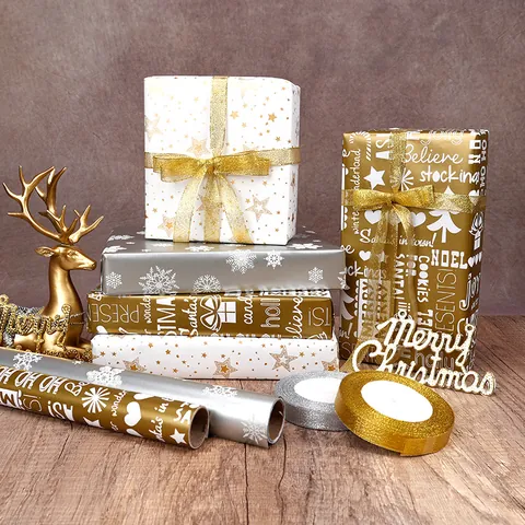 Großformatiges Weihnachtsgeschenkpapier Rolle Weißes Kraftpapier Feiertag Rentier Schneeflocke Stern Muster Geschenkpapier