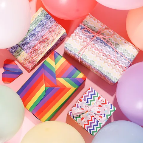 Rainbow Striped Heart Wavy Pattern Gift Wrapping Paper Creative White Kraft Paper For Birthday Party DIY Gift Wrapping