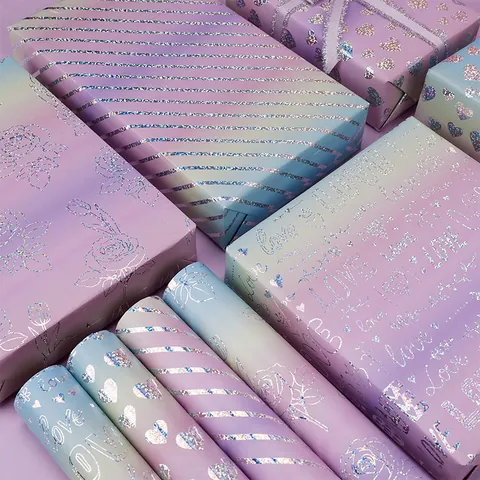 Holographic Gift Wrapping Paper Dreamy Purple Gradient Romantic Heart Rose Love Pattern Metallic Finish Paper For Valentine Day Birthday Gift