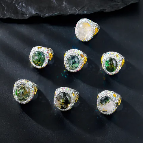 Retro Irregular Color Changing Stone Open Ring For Women Luxury Copper Gold Plated Rhinestone Adjustable Ring Fashion Jewelry