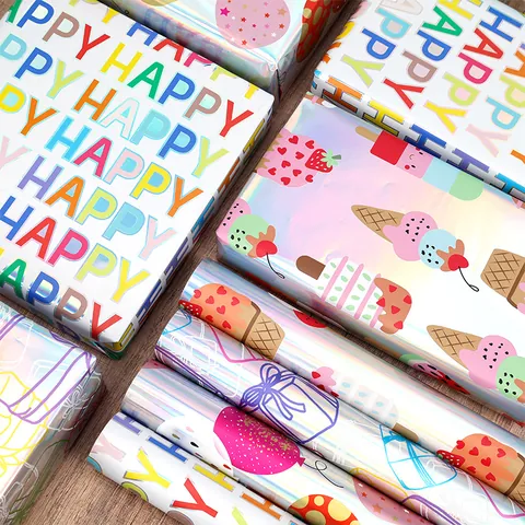 Holografisches Laser Geschenkpapier Aluminiertes Metallisches Folien Geschenkpapier Rolle Geburtstag Party Geschenkverpackung Mit Regenbogen Ballon Eiscreme Buchstaben Mustern