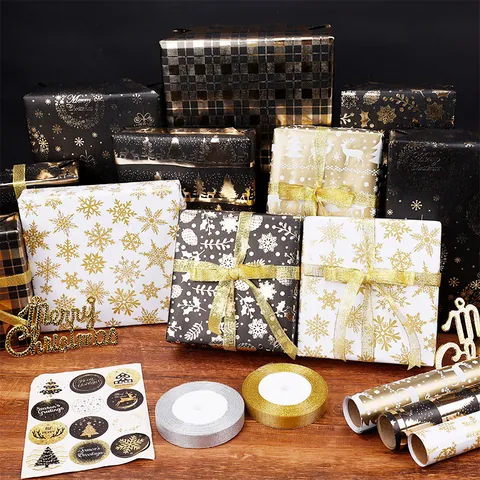 Christmas Gift Wrapping Paper Roll Gold Stamping Elk Snowflake Kraft Paper Holiday Party Gift Packaging Supplies