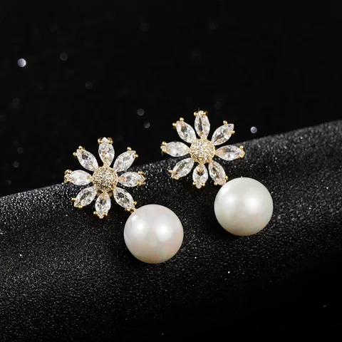 Pendientes de Perlas con Flores de Circonia Microincrustadas para Mujer Novia Dama de Honor Joyería de Boda Cobre Chapado en Oro Floral