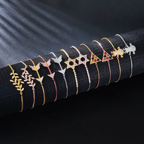 Adjustable Zirconia Copper Bracelet For Women Dainty Leaf Arrow Star Girl Triangle Charm Bolo Link Bracelet Elegant Hand Jewelry