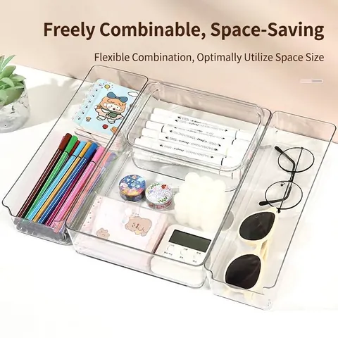 Clear PET Plastic Drawer Organizer Box Stackable Multi-size Storage Trays For Makeup Stationery Dividers Household Sorting Box
