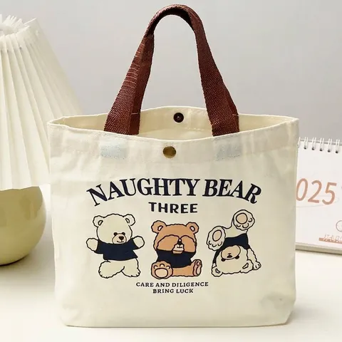Cute Cartoon Bear Printed Canvas Handbag Small Tote Bag For Women Students Lunch Bento Box Carrying Bag Portable Daily Handbag