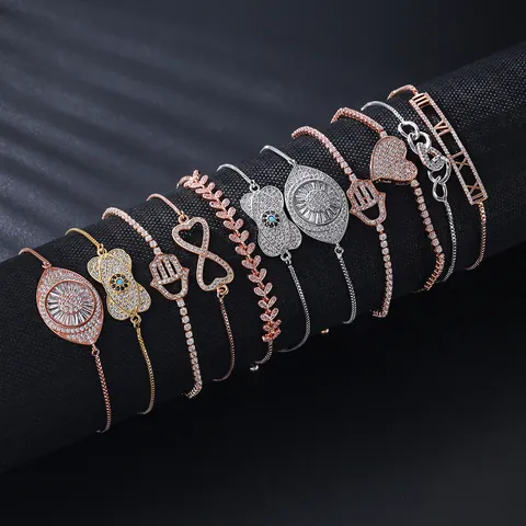 Women Zirconia Adjustable Bracelet Micro Inlaid Alloy Bangle Evil Eye Hamsa Infinity Heart Leaf Vintage Fashion Jewelry Gift