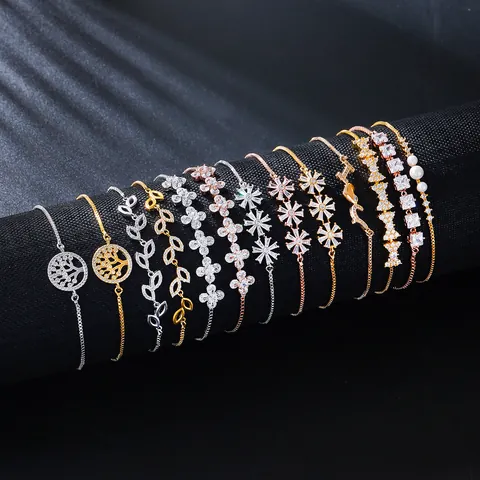 Exquisite Copper Zirconia Adjustable Bracelet For Women Elegant Bridal Wedding Party Jewelry Gold Silver Rose Gold Plated Flower Leaf Pattern Bracelet