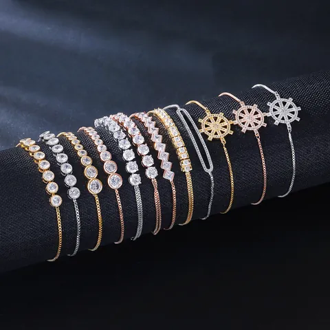Women Micro Pave Zirconia Copper Adjustable Bracelet Elegant Geometric Rudder Design Gold Silver Rose Gold Jewelry Bolo Bracelet