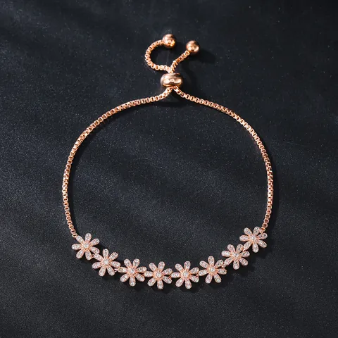 Elegant Copper Zirconia Rose Flower Bracelet For Women Light Luxury Exquisite Adjustable Heart Key Pendant Bracelet Jewelry Gift
