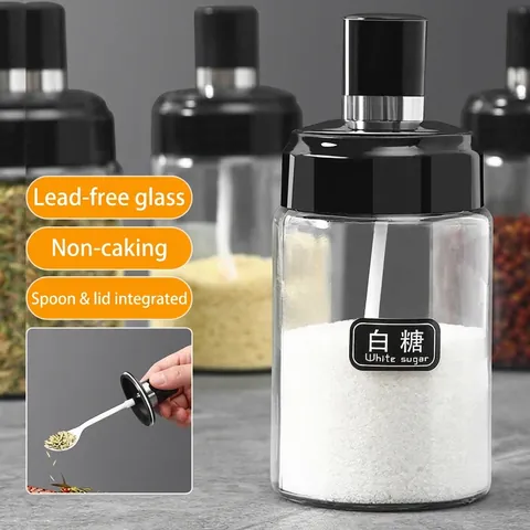 Lead-free Glass Seasoning Jar With Integrated Lid And Spoon Moisture-proof Condiment Pot For Sugar Salt Spice Storage
