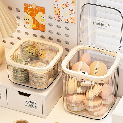 Transparent Acrylic Desktop Storage Box With Flip Lid Dustproof Cosmetic Makeup Powder Puff Jewelry Organizer Container