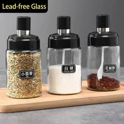 Lead-free Glass Seasoning Jar With Integrated Lid And Spoon Moisture-proof Condiment Pot For Sugar Salt Spice Storage