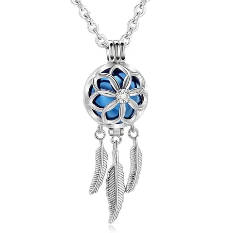 Collana per Aromaterapia con Oli Essenziali Acchiappasogni in Acciaio Inossidabile Ciondolo Medaglione Traforato con Nappa di Piume Gioielli Strass Boho Uomo Donna