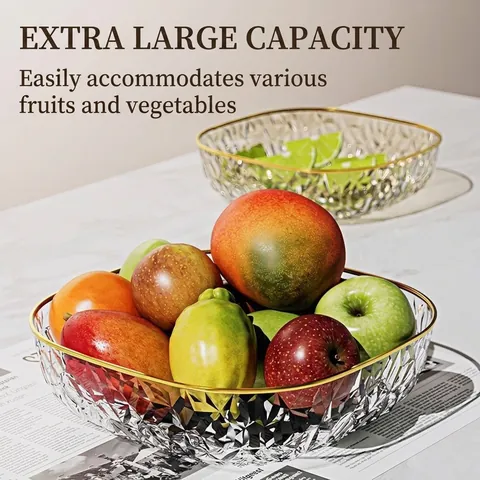 Light Luxury Transparent PS Plastic Fruit Plate With Gold Rim Diamond Texture Square Snack Serving Bowl For Home Living Room