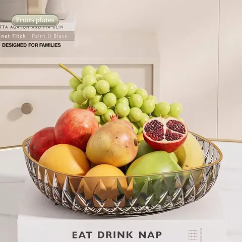 Light Luxury Transparent PS Plastic Fruit Plate With Gold Rim Diamond Texture Square Snack Serving Bowl For Home Living Room