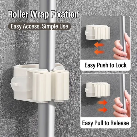 Wall Mounted Mop Holder Punch Free Self Adhesive Mop Clip Heavy Duty Broom Organizer Rack For Bathroom Kitchen Home Storage