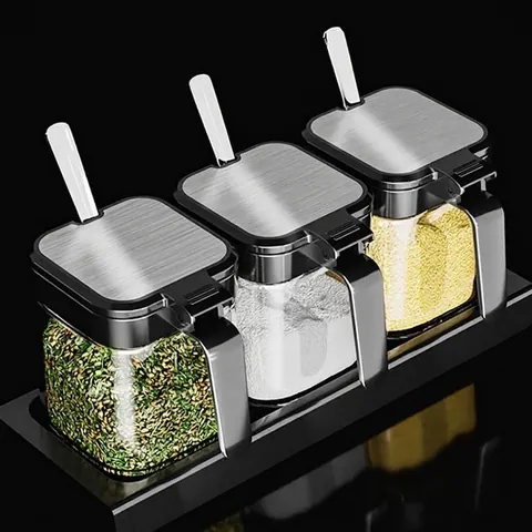 304 Stainless Steel Lid Glass Seasoning Jar Moisture Proof Kitchen Spice Container With Integrated Spoon Storage Bottle