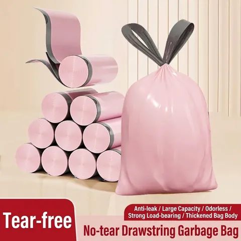 Thickened Drawstring Garbage Bags Polyethylene Material Leakproof Pull-out Household Kitchen Waste Bags Roll Pink Green Avocado Color