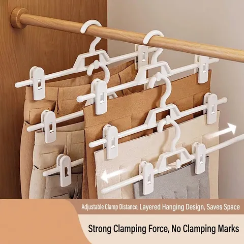 Space Saving Plastic Pants Hangers With Adjustable Clips Non Slip Stackable Skirt Hangers For Trousers Underwear Closet Organization