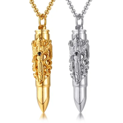 Men Gothic Stainless Steel Dragon Sword Bullet Pendant Necklace Openable Ash Urn Memorial Keepsake Jewelry Gift For Men Women