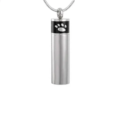 Memorial Pet Cremation Urn Necklace Stainless Steel Cylindrical Ash Pendant With Paw Print Pattern Memorial Keepsake Jewelry For Pet Human Ashes
