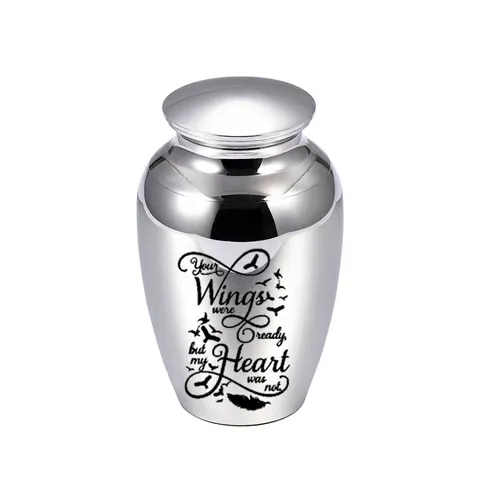 Stainless Steel Small Cremation Urn For Human Ashes Pet Memorial Jar With Engraved Wings And Feather Design Polished Keepsake