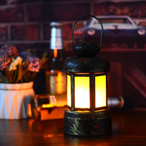 Vintage Industrial LED Rechargeable Bar Table Lamp Metal Distressed Kerosene Lantern Style Decorative Atmosphere Desk Light