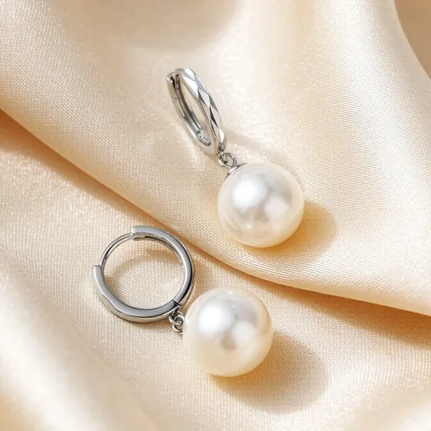 Orecchini a Cerchio in Argento Sterling S925 con Perla Elegante Texture Diamantata Pendente per Donna Gioielli con Perle Artificiali