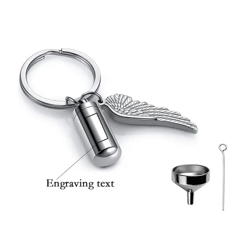 Stainless Steel Cylinder Memorial Urn Keychain Angel Wing Ashes Keepsake Perfume Bottle Pendant Minimalist Jewelry For Unisex