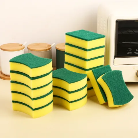 High Density Double Sided Cleaning Sponge Scouring Pad Green Abrasive Fiber Yellow Foam Dishwasher Scrub Brush For Kitchen