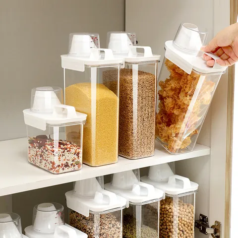 Transparent Airtight Cereal Storage Container With Measuring Cup Lid Plastic Rice Bucket Food Grain Jar Kitchen Pantry Organizer